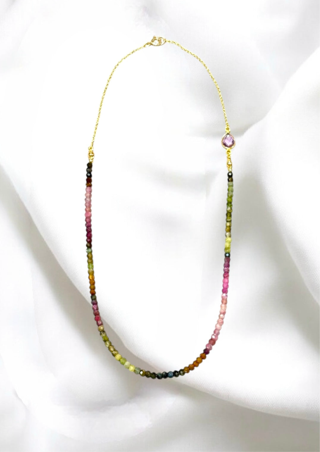 "Berry Dusk" Tourmaline Necklace with Amethyst Connector Charm on 14K Gold Filled Chain