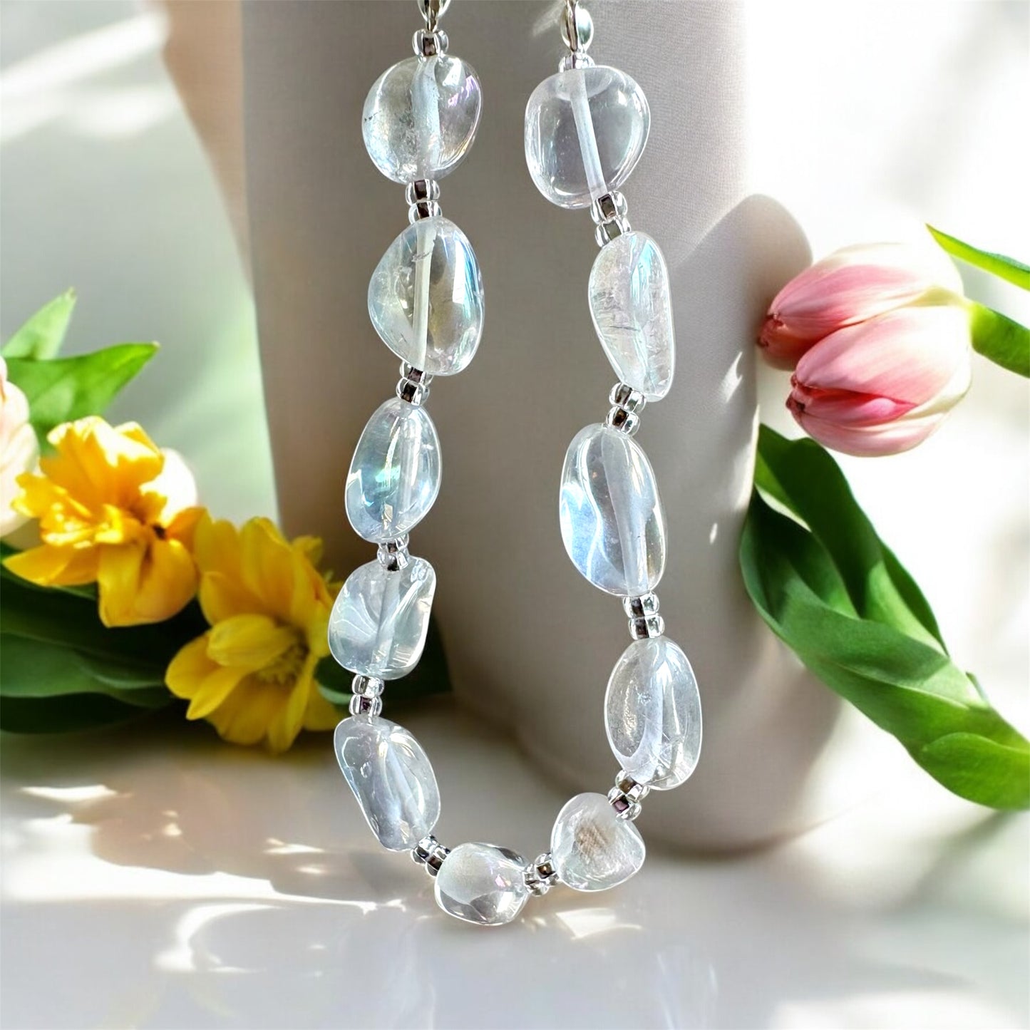 Iridescent Quartz Beaded Bracelet – Czech Seed Beads & Silver Toggle Clasp | Custom Length