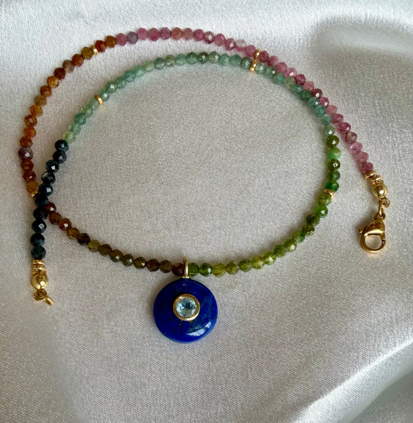 Tourmaline Twinkle Necklace with Lapis and Blue Topaz Pendant | Gemstone Necklace (16.5")