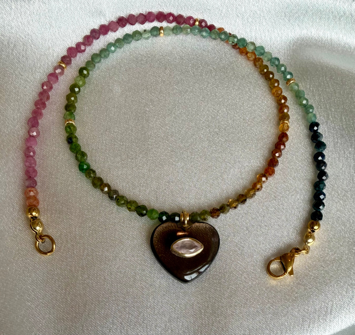 Tourmaline Twinkle Necklace with Smoky Quartz Heart Pendant | Gemstone Necklace (17")