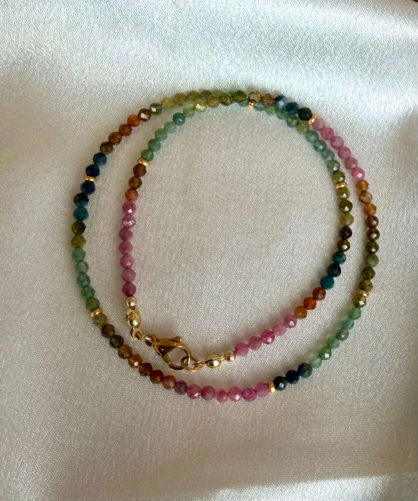 Tourmaline Twinkle Necklace | Colorful Gemstone Beaded Necklace, Gold PVD Clasp (17")