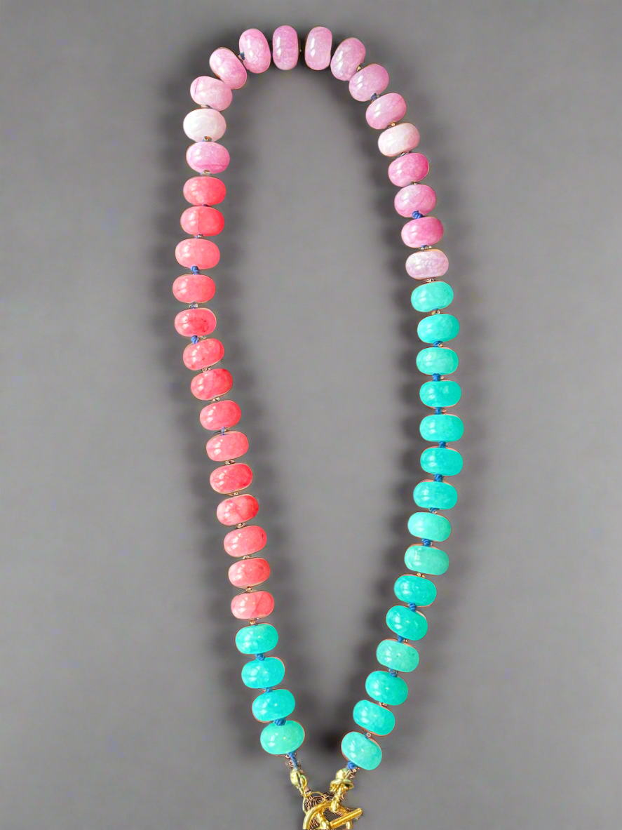 Cotton Candy Crush Necklace – Silk-Knotted Pastel Gemstones with Gold Lock & Pink Heart