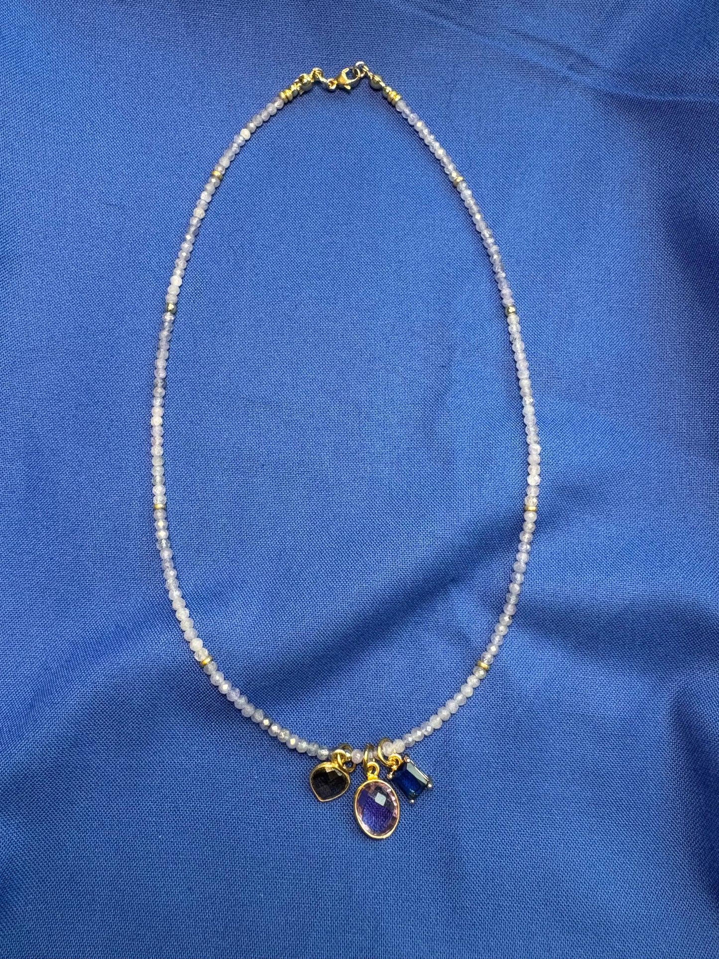 Tanzanite Necklace with Smoky Quartz, Amethyst & Royal Blue Charms – 16.5” + Optional 2” Gold-Filled Extender