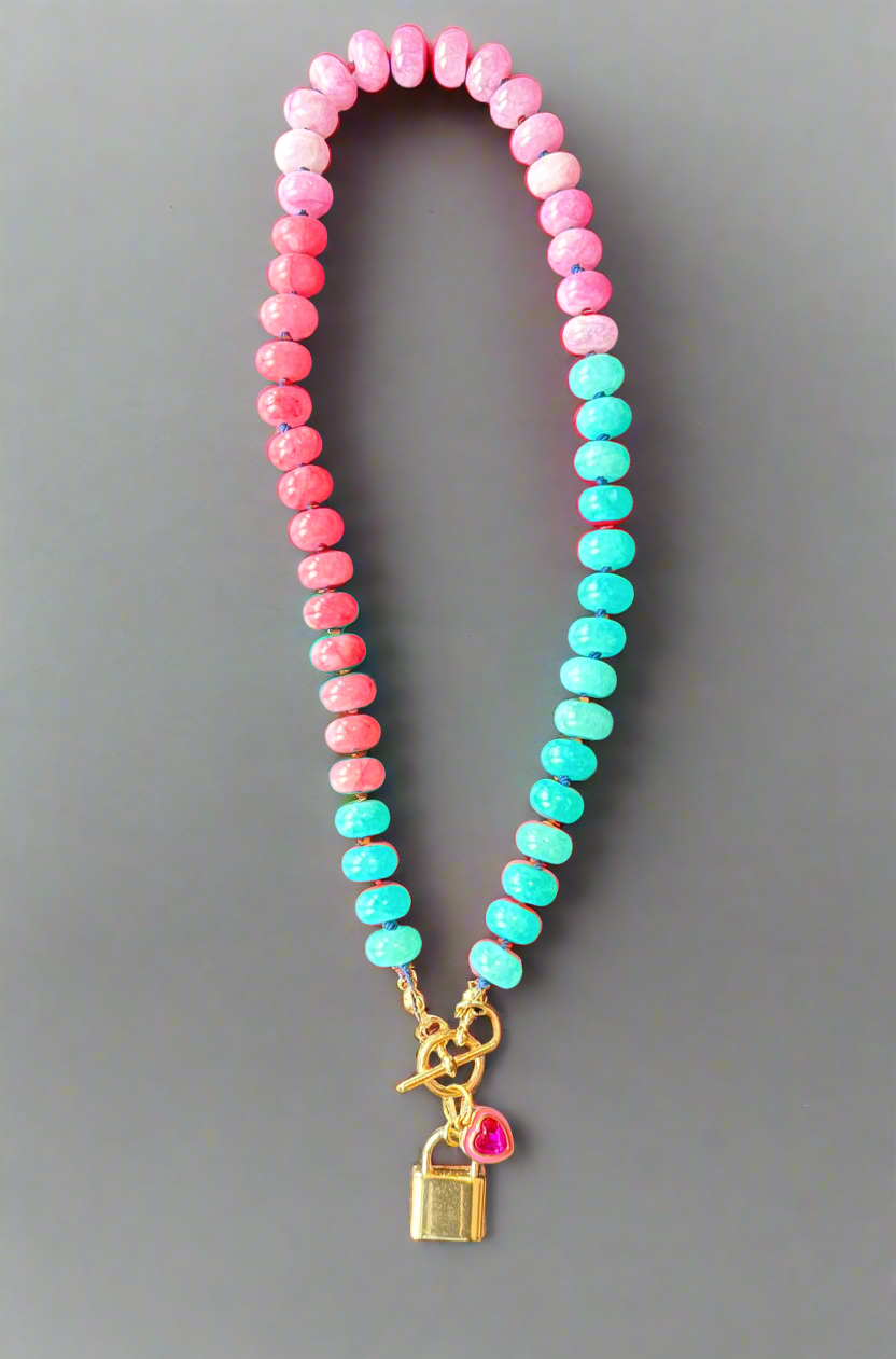 Cotton Candy Crush Necklace – Silk-Knotted Pastel Gemstones with Gold Lock & Pink Heart