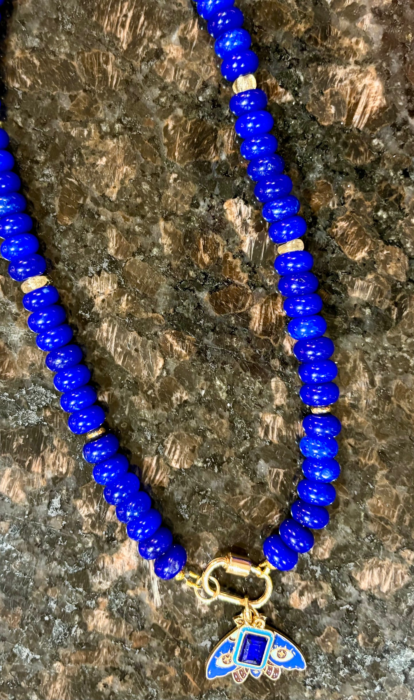 Blue Jade Necklace with Moth Charm – 16.5" Gold Carabiner Clasp with Citrine & Bead Accents