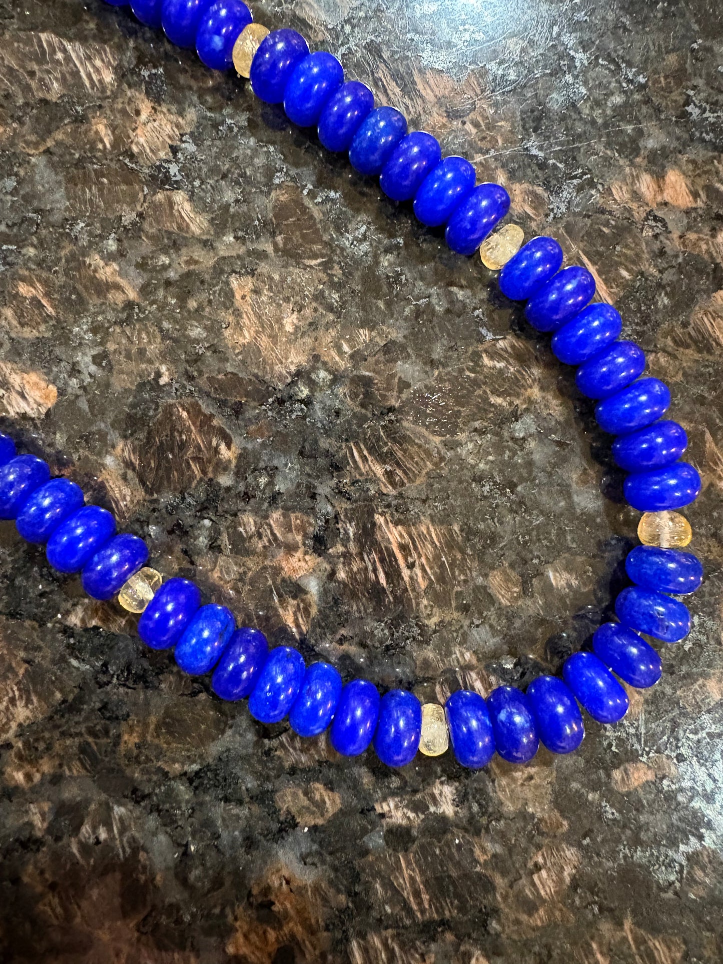 Blue Jade Necklace with Moth Charm – 16.5" Gold Carabiner Clasp with Citrine & Bead Accents