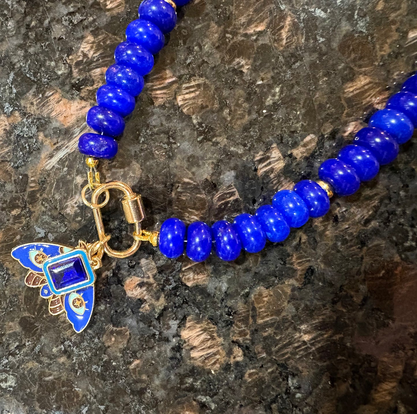 Blue Jade Necklace with Moth Charm – 16.5" Gold Carabiner Clasp with Citrine & Bead Accents