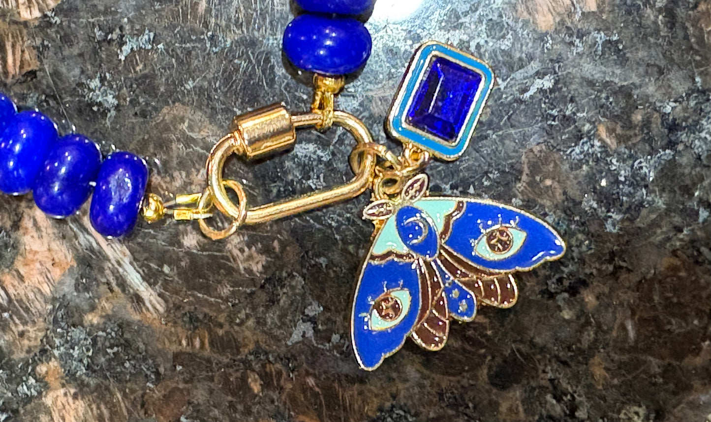 Blue Jade Necklace with Moth Charm – 16.5" Gold Carabiner Clasp with Citrine & Bead Accents