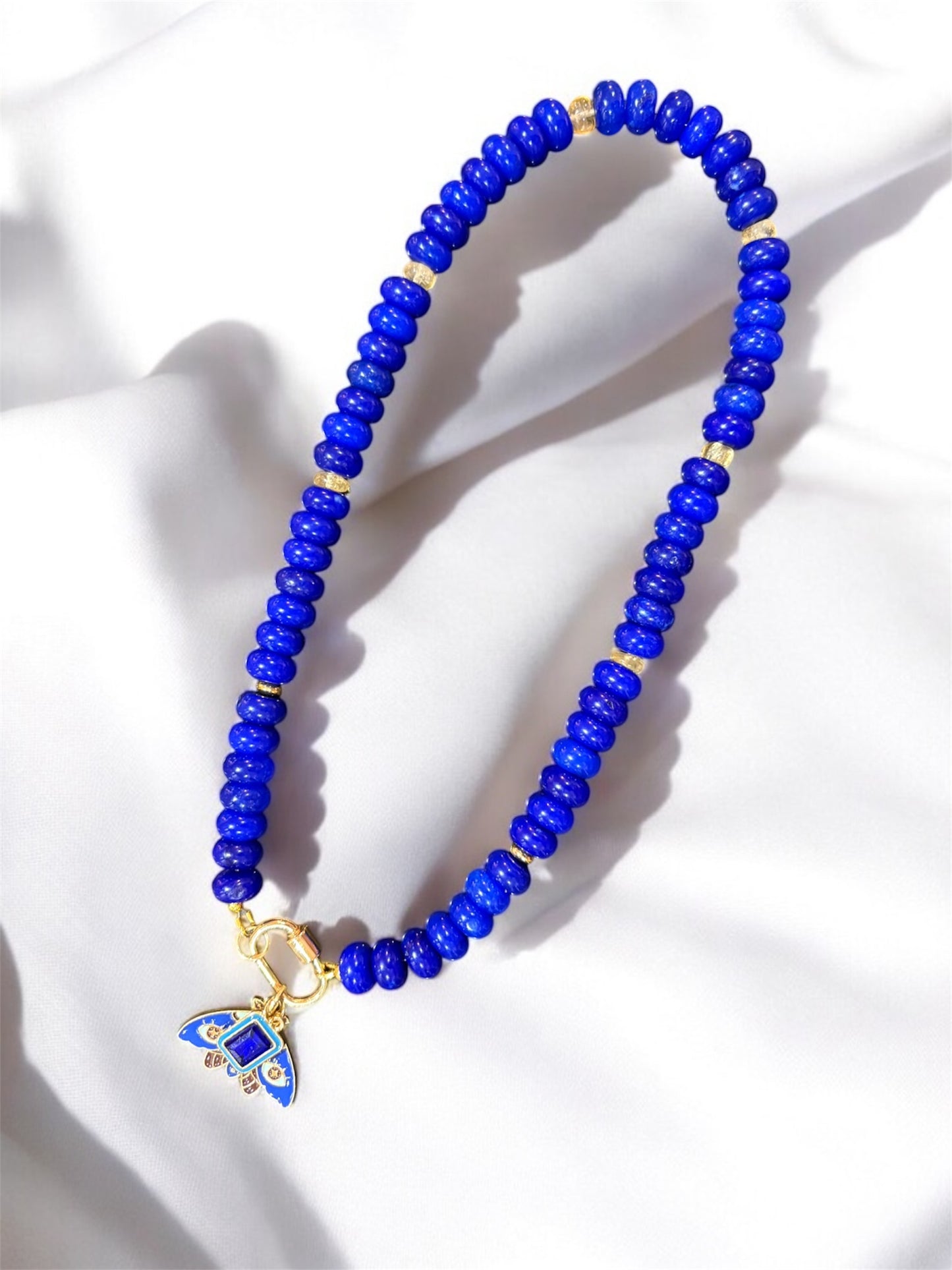 Blue Jade Necklace with Moth Charm – 16.5" Gold Carabiner Clasp with Citrine & Bead Accents