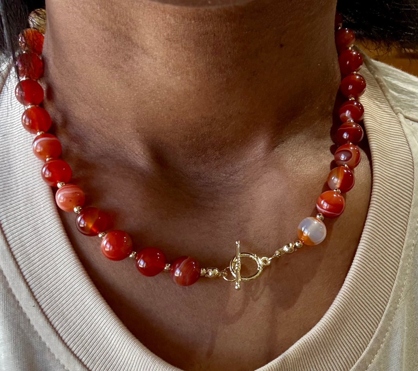 Carnelian Gemstone Necklace – 17.5" with 18K Gold-Filled Beads & Gold Filled Toggle Clasp