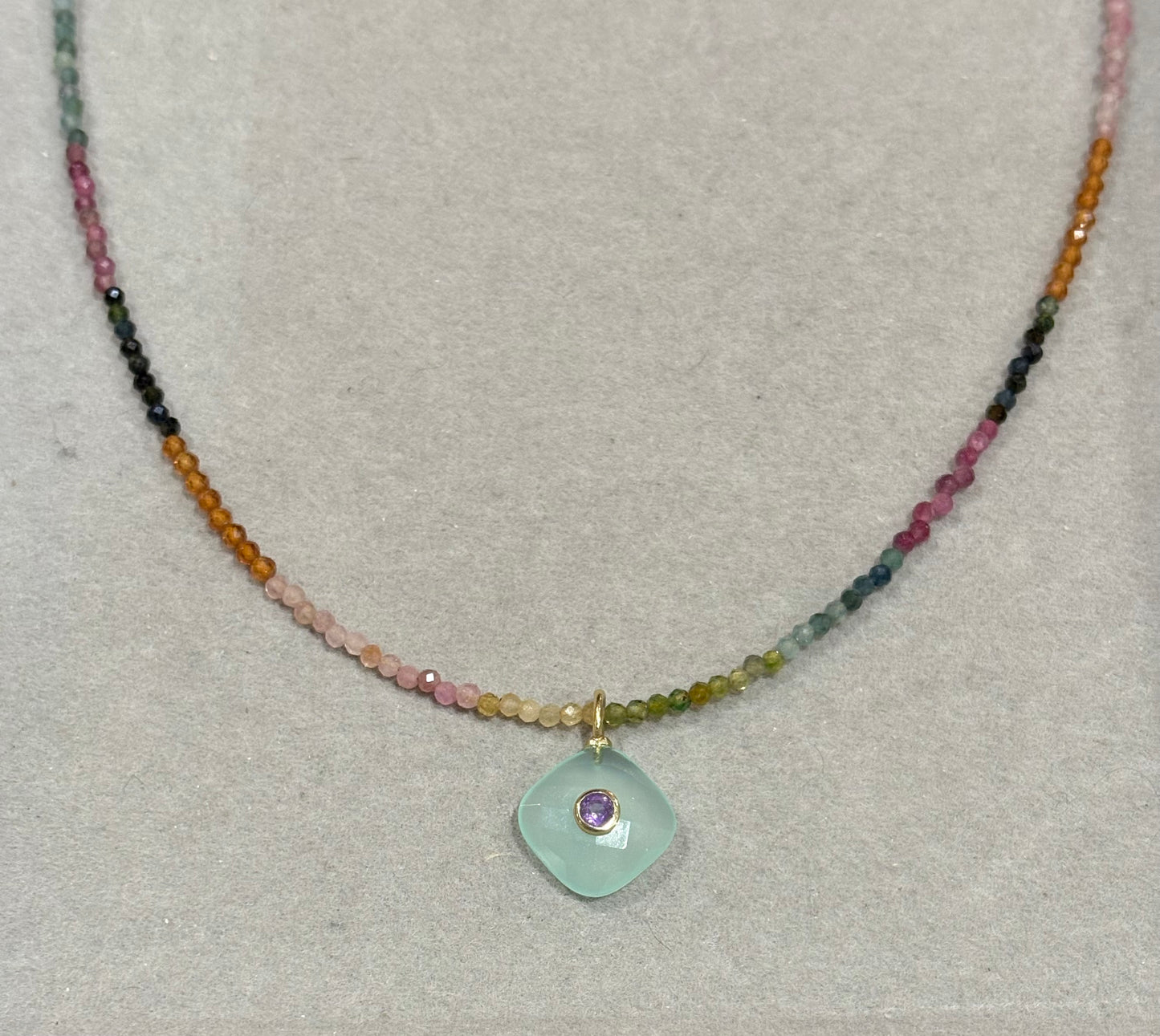 "Blue Ember" Tourmaline Necklace with Chalcedony and Amethyst Charm
