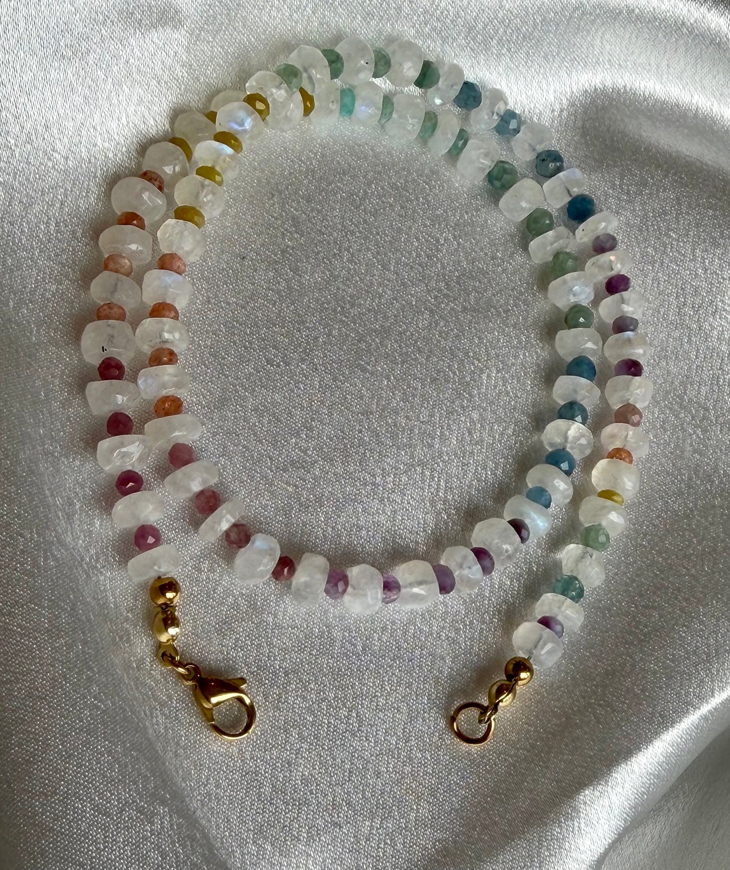 Rainbow Moonstone Necklace with Ombre Gemstones | Green Kyanite, Aquamarine & Sunstone (18")