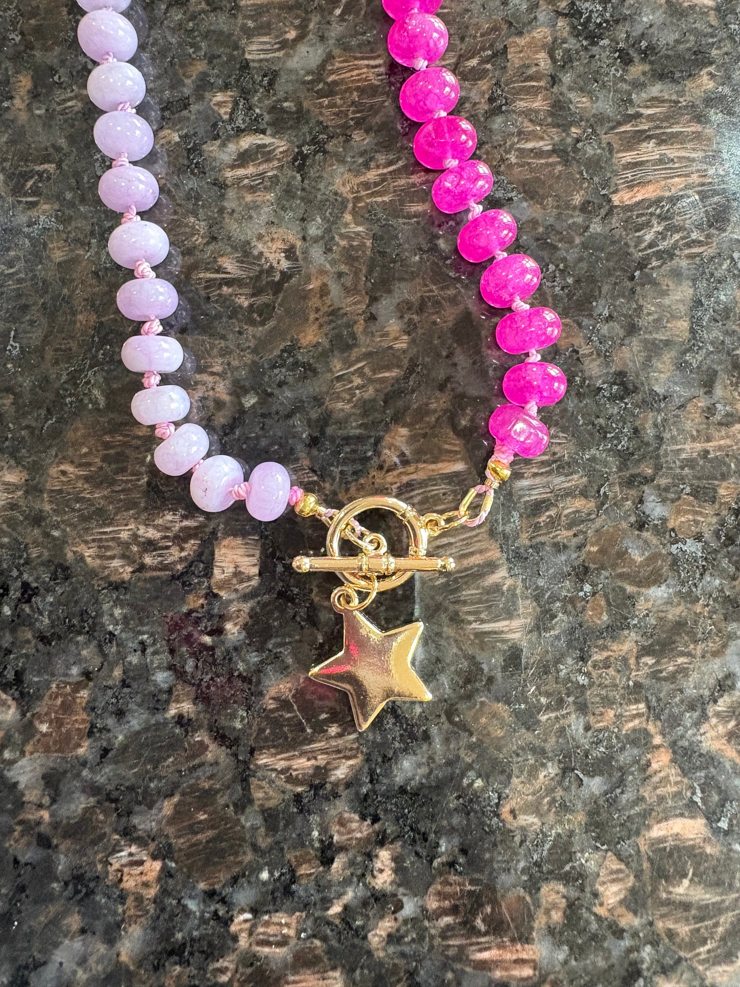 Purple Reign Necklace – Silk-Knotted Quartz & Quartzite, 18K Gold Toggle, 14K Gold Star Charm