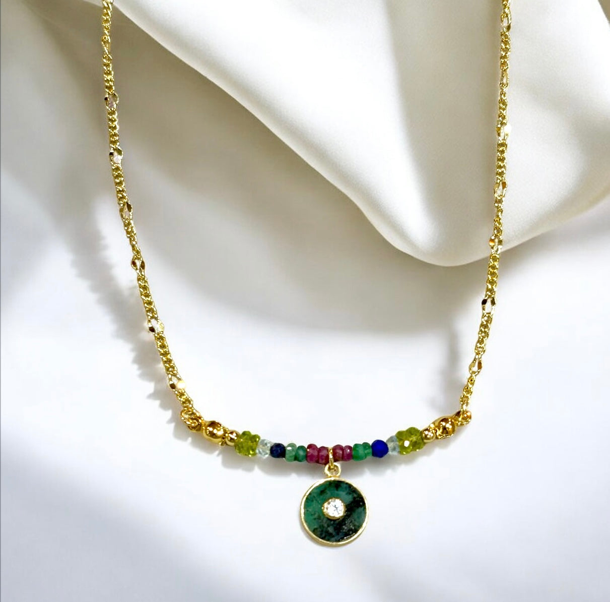 "Evergreen Glow" Peridot, Sodalite, Ruby & Emerald Necklace with Emerald Charm