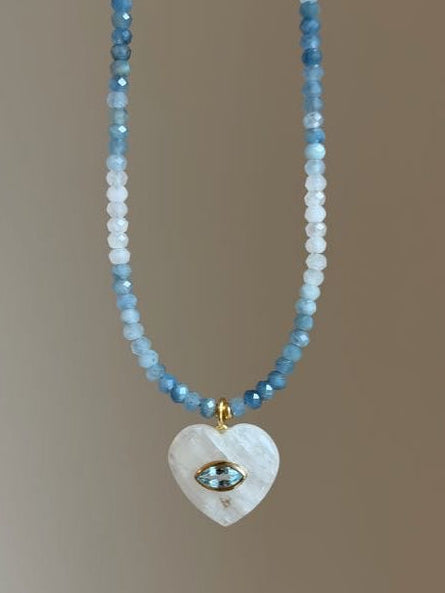 Candy Heart Aquamarine Necklace | Moonstone & Blue Topaz Heart Charm | 16.5"