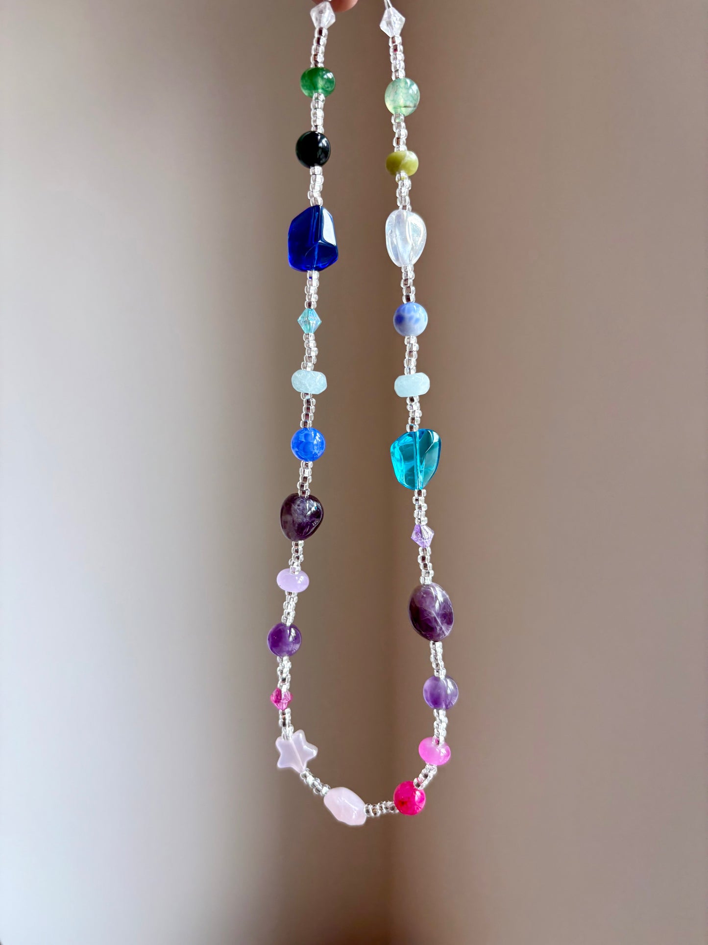Iris | Semi-Precious Stone Beaded Necklace – Agate, Rose Quartz, Amethyst & Aventurine – Handmade Gemstone Jewelry