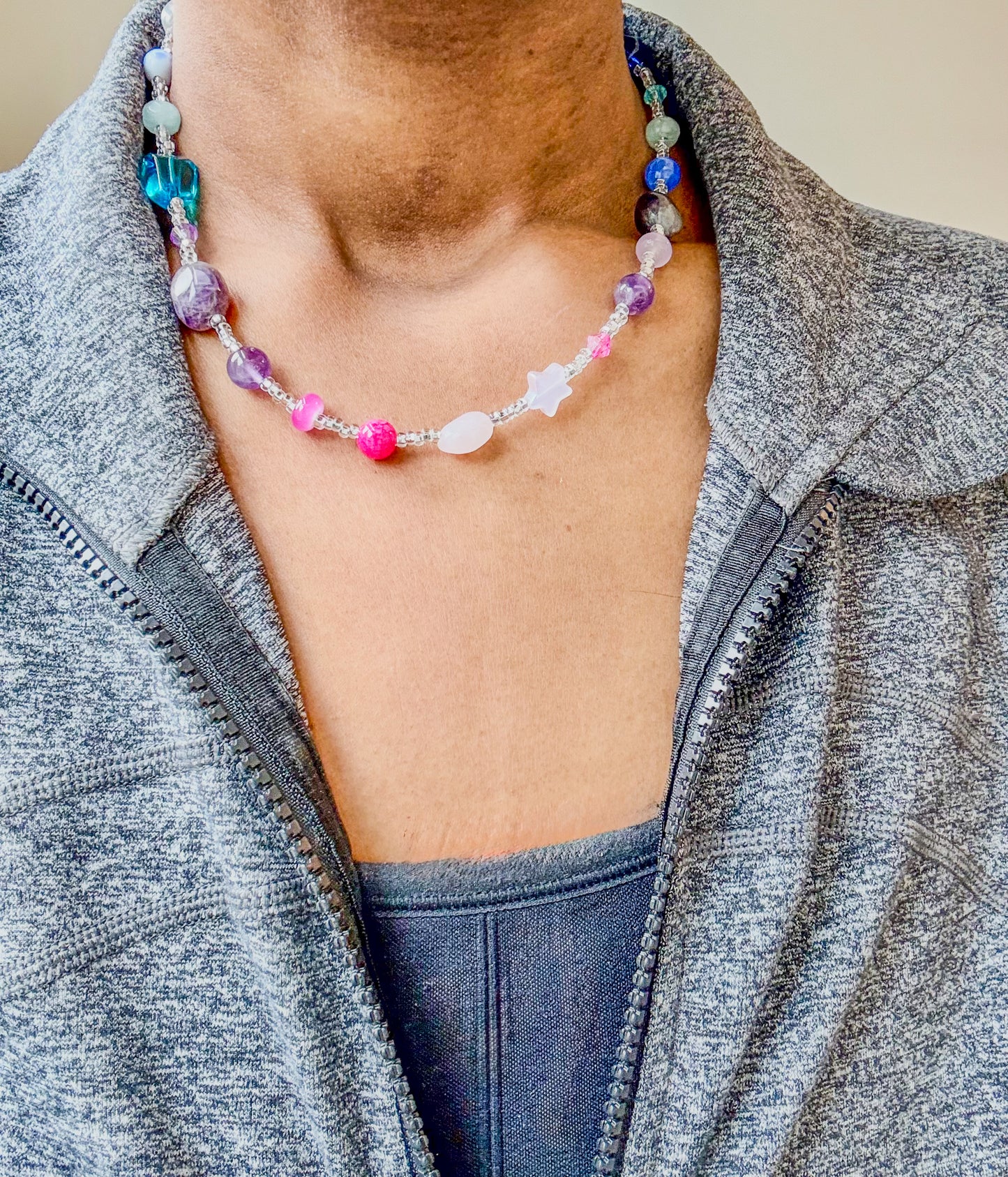 Iris | Semi-Precious Stone Beaded Necklace – Agate, Rose Quartz, Amethyst & Aventurine – Handmade Gemstone Jewelry