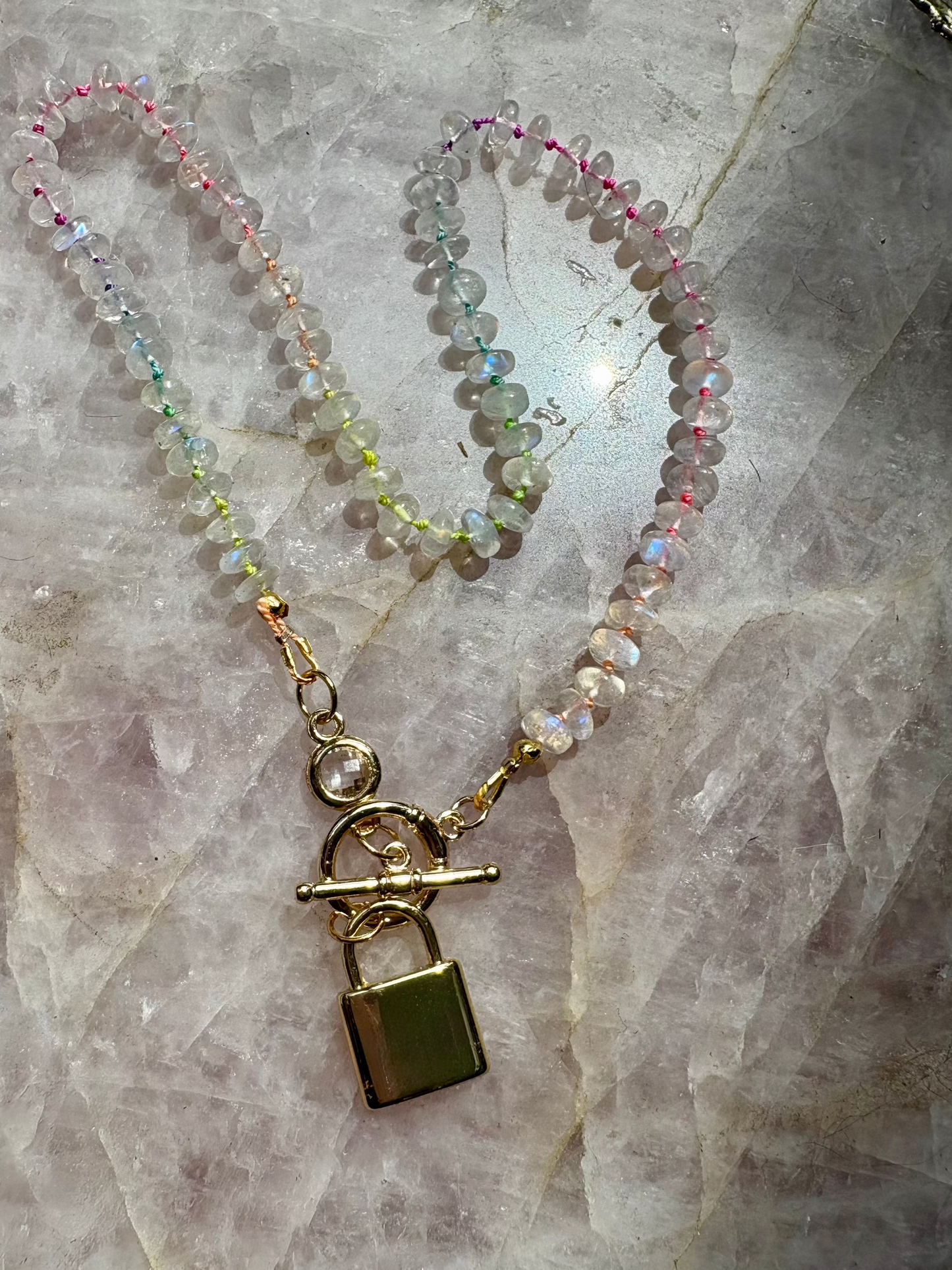 Rainbow Moonstone Necklace – Knotted Rainbow Silk, 18K Gold Toggle & 14K Gold Lock Charm | 15" Handmade Gemstone Jewelry