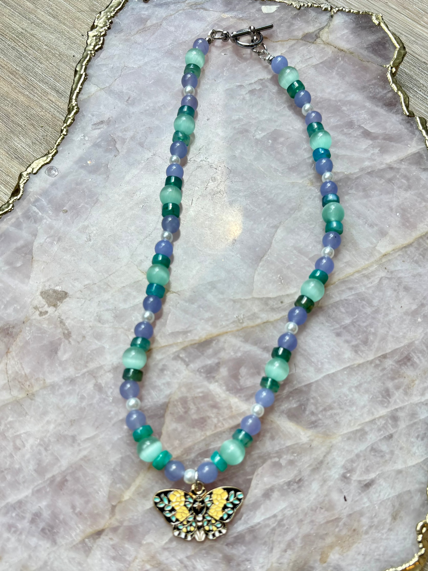 Butterfly Charm Necklace – Aqua Cat’s Eye, Quartz, Green Agate | 15" with Nickel-Free Silver Toggle Clasp