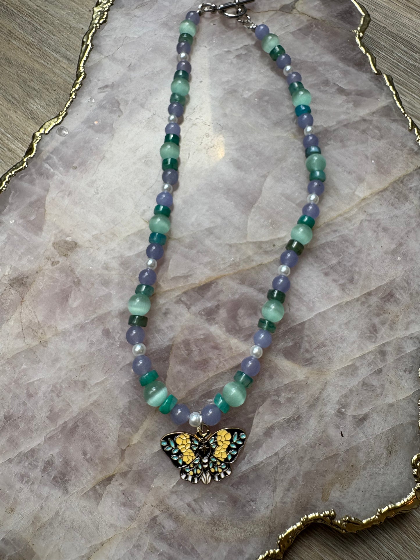 Butterfly Charm Necklace – Aqua Cat’s Eye, Quartz, Green Agate | 15" with Nickel-Free Silver Toggle Clasp