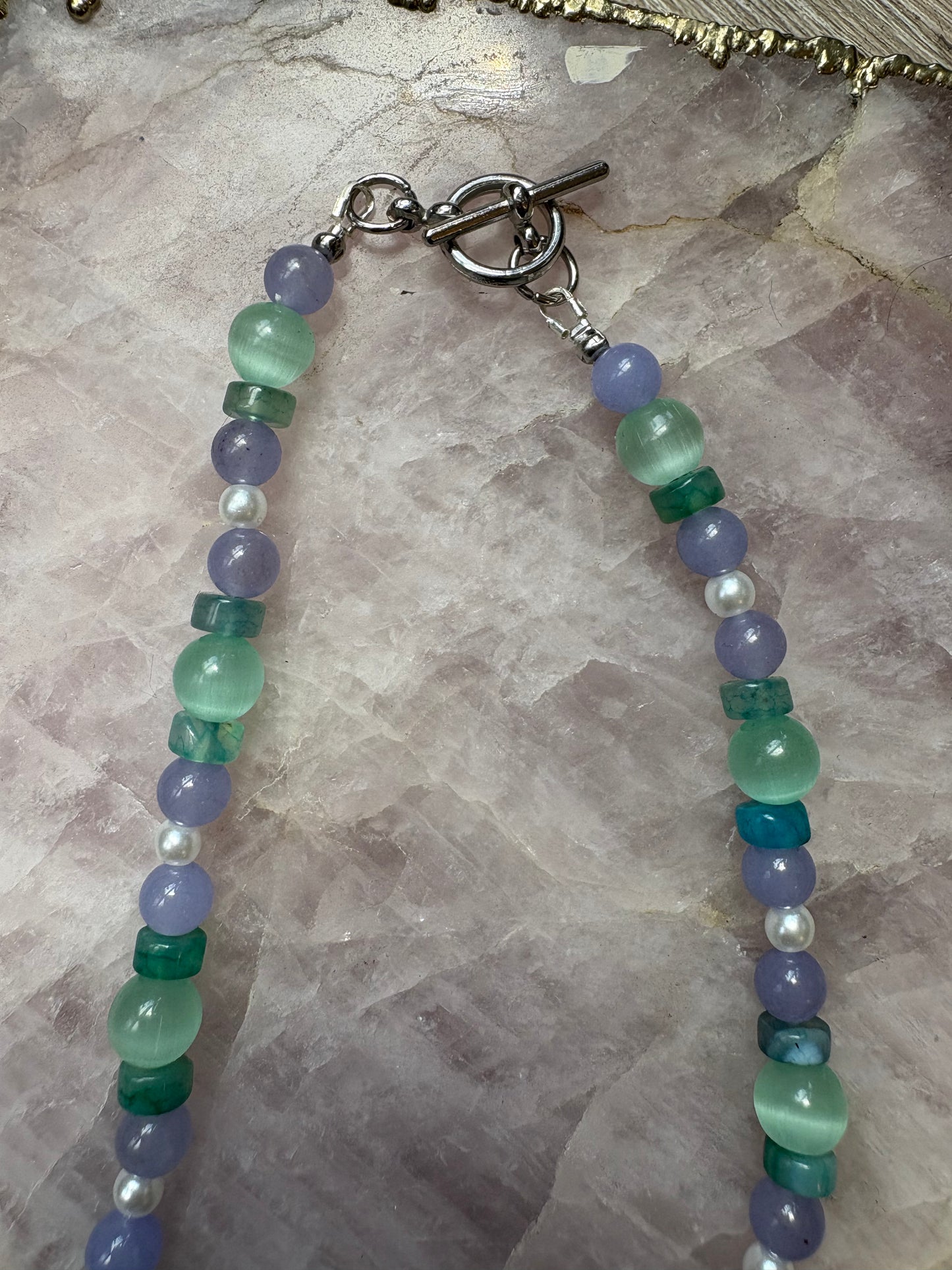 Butterfly Charm Necklace – Aqua Cat’s Eye, Quartz, Green Agate | 15" with Nickel-Free Silver Toggle Clasp