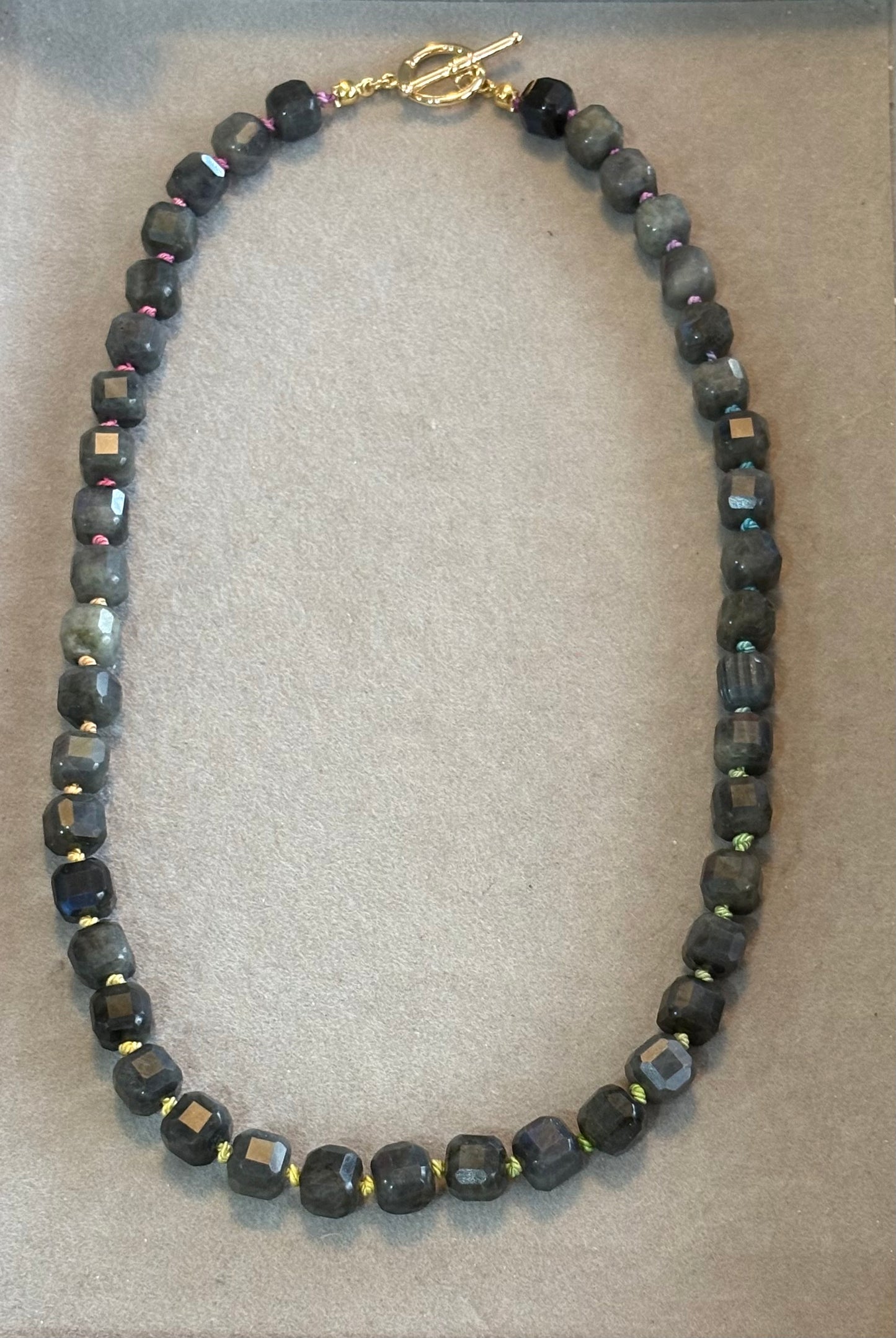 "Twilight Prism" Labradorite Silk Knot Necklace Gold Fill Toggle Clasp