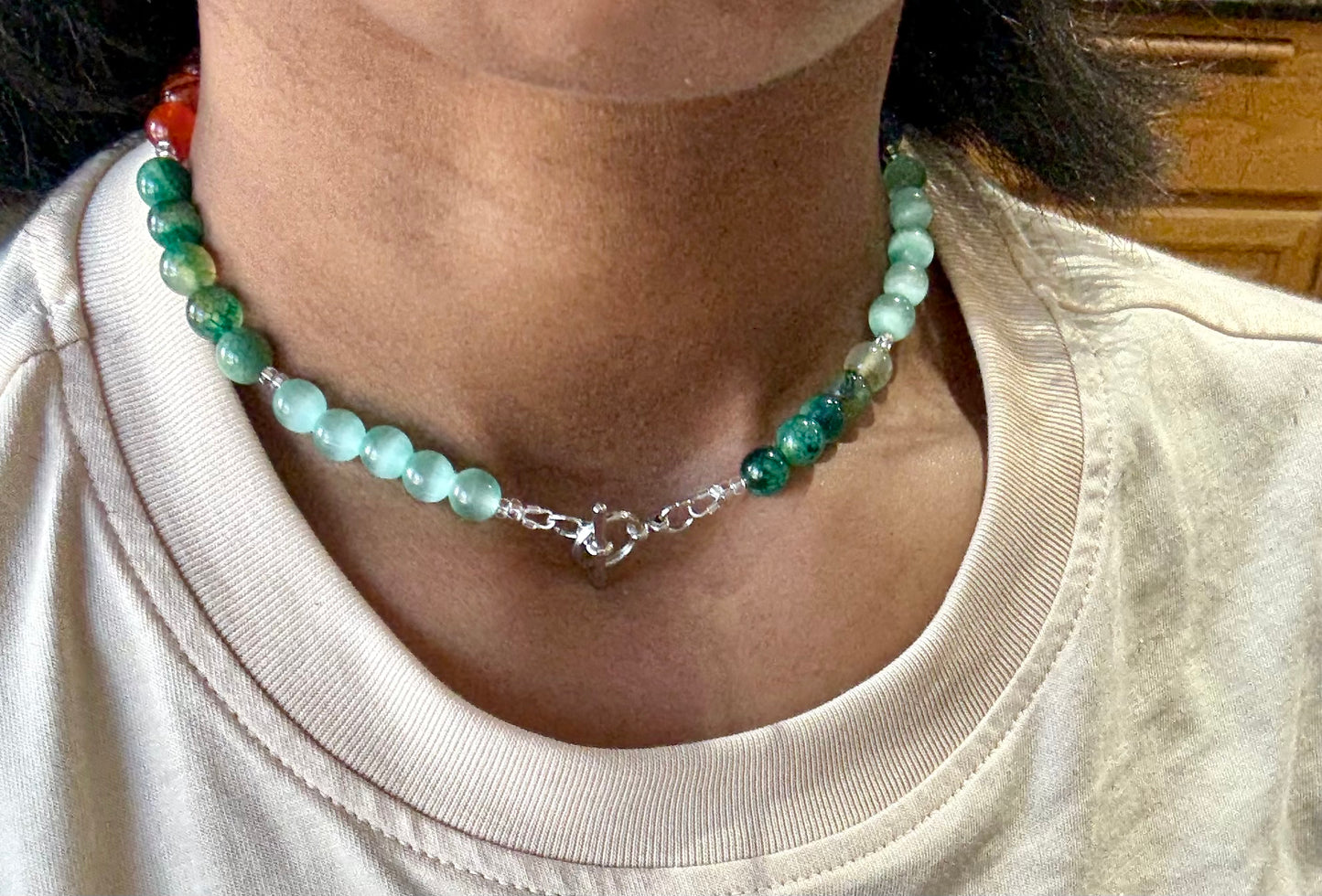 Mixed Stone Necklace – 15" Blue Agate, Red Jasper, Aventurine & Aqua Cat’s Eye with Silver Toggle Clasp
