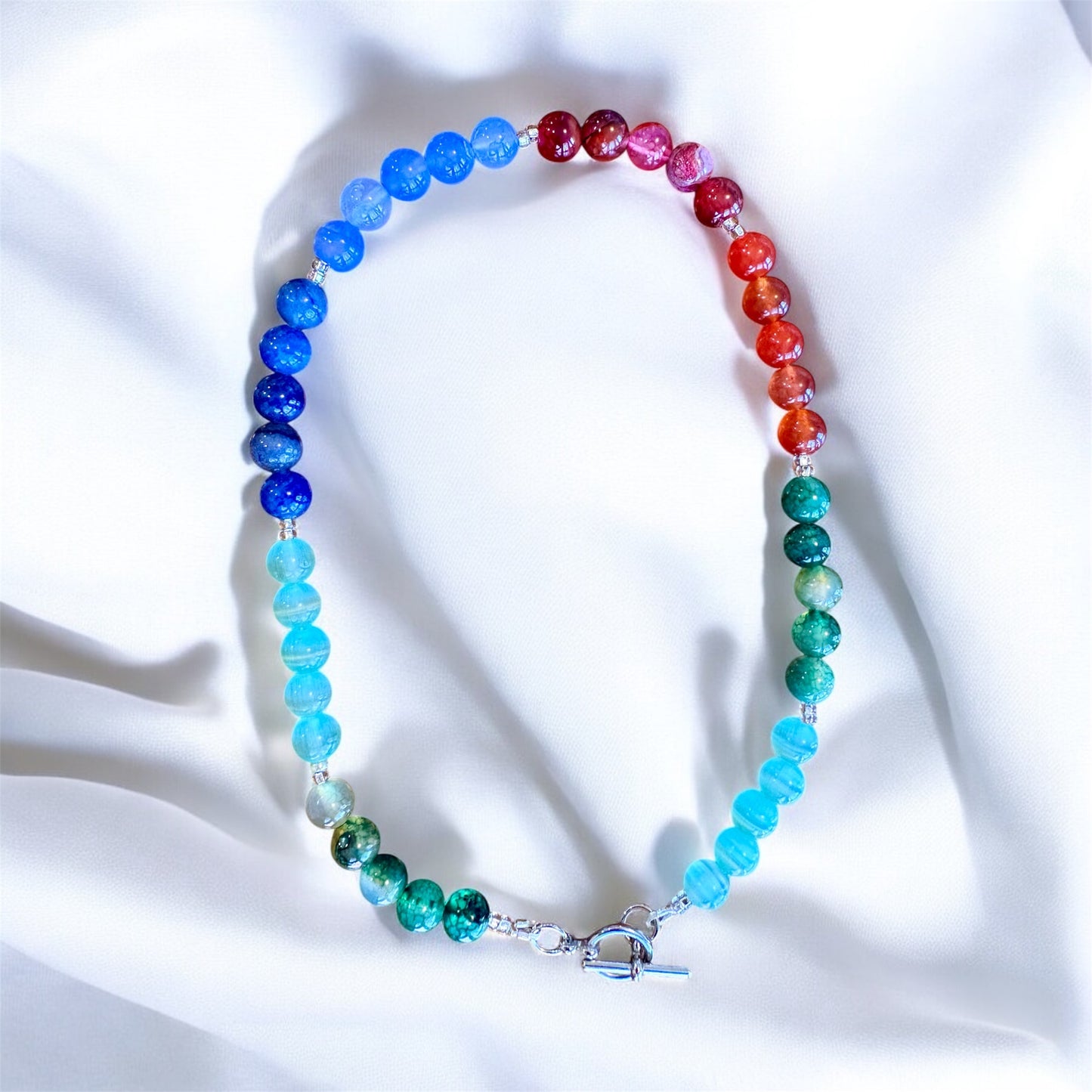 Mixed Stone Necklace – 15" Blue Agate, Red Jasper, Aventurine & Aqua Cat’s Eye with Silver Toggle Clasp