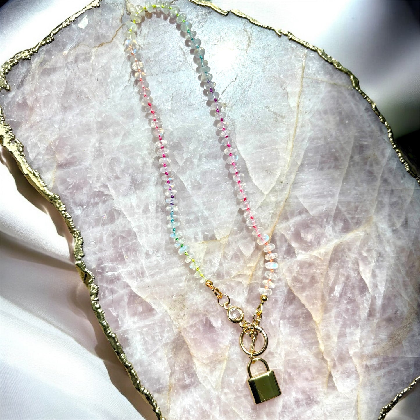 Rainbow Moonstone Necklace – Knotted Rainbow Silk, 18K Gold Toggle & 14K Gold Lock Charm | 15" Handmade Gemstone Jewelry