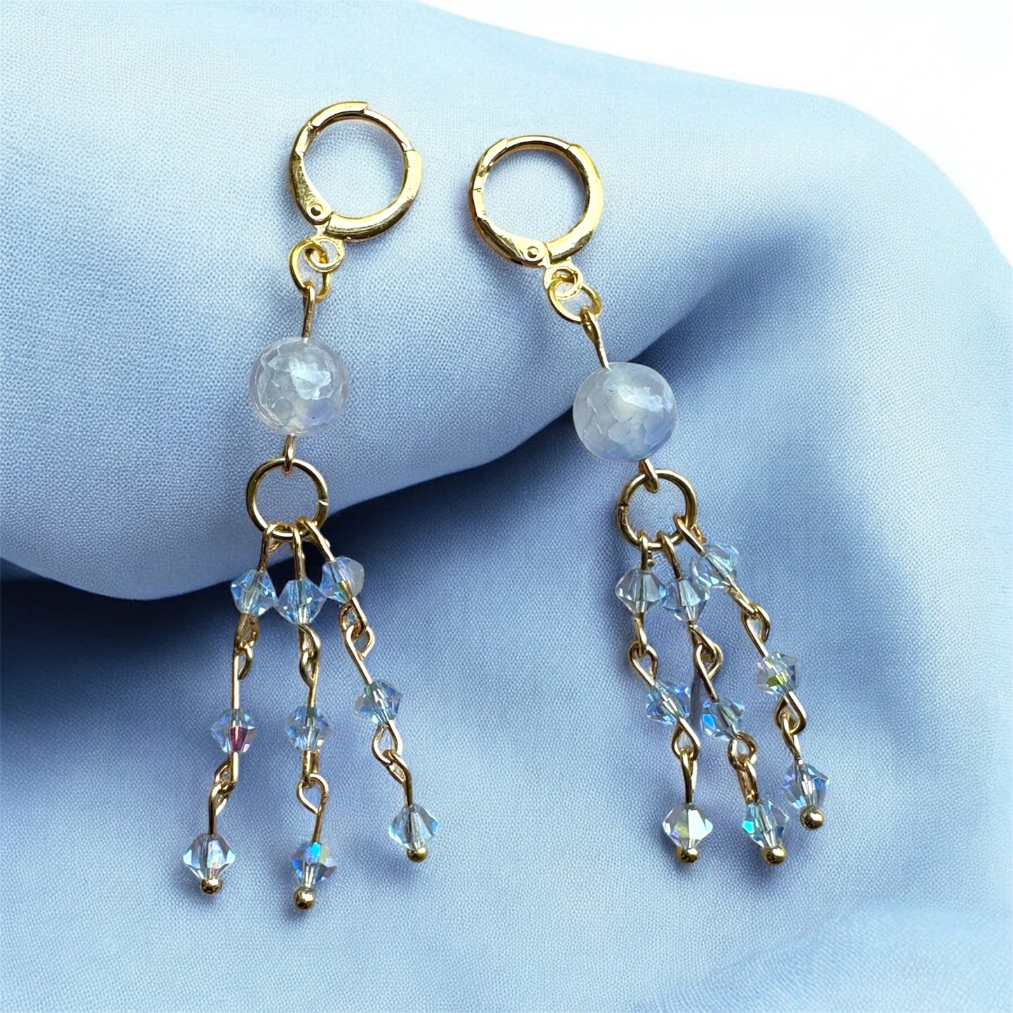 Blue Agate & Czech Crystal Earrings | 18K Gold Plated Huggies