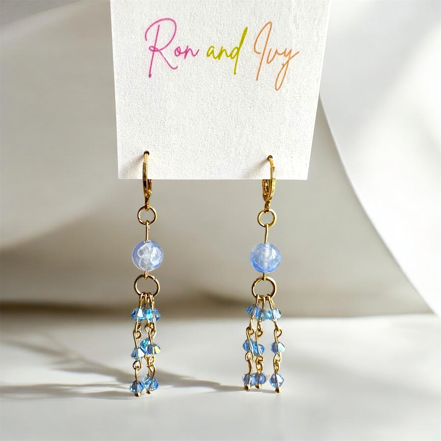 Blue Agate & Czech Crystal Earrings | 18K Gold Plated Huggies