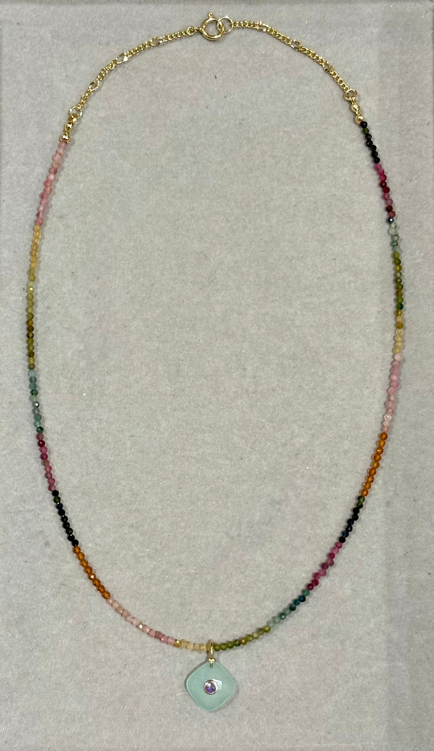 "Blue Ember" Tourmaline Necklace with Chalcedony and Amethyst Charm