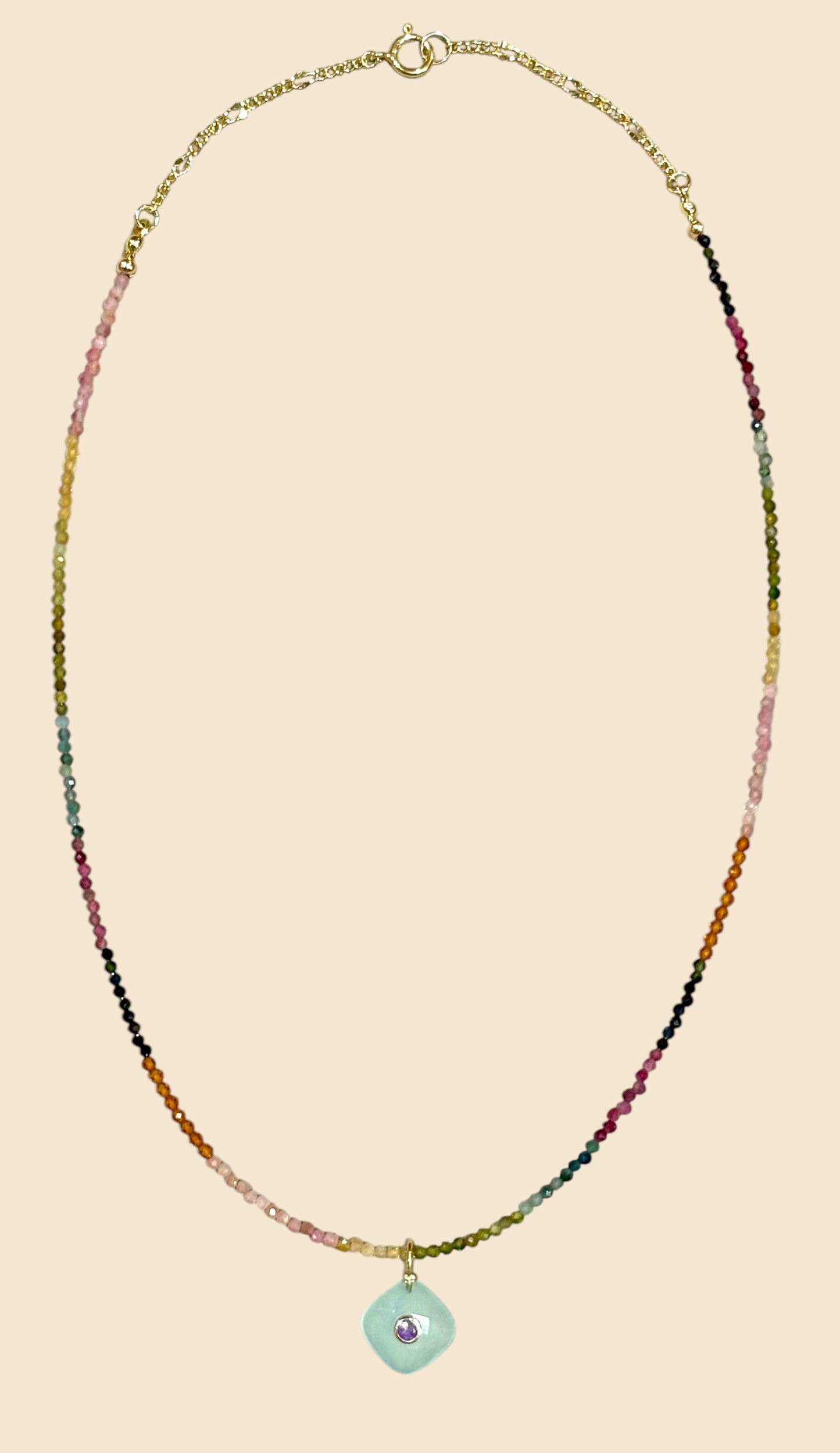 "Blue Ember" Tourmaline Necklace with Chalcedony and Amethyst Charm