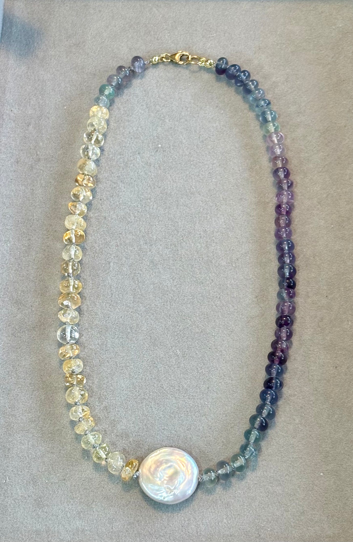 "Golden Hour" Silk-Knot Citrine, Fluorite, Freshwater Pearl Necklace, 14K Gold Fill Clasp