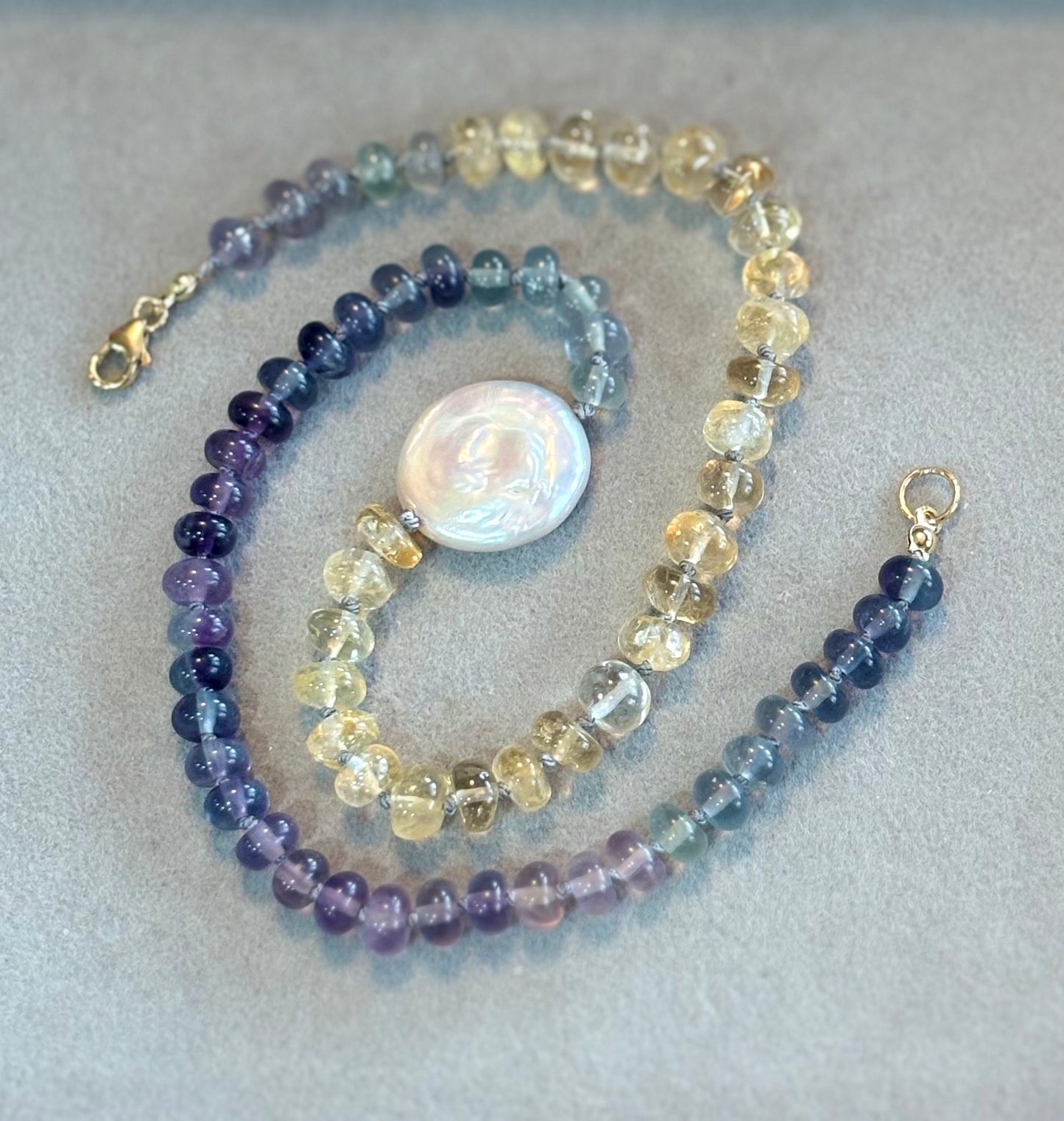 "Golden Hour" Silk-Knot Citrine, Fluorite, Freshwater Pearl Necklace, 14K Gold Fill Clasp