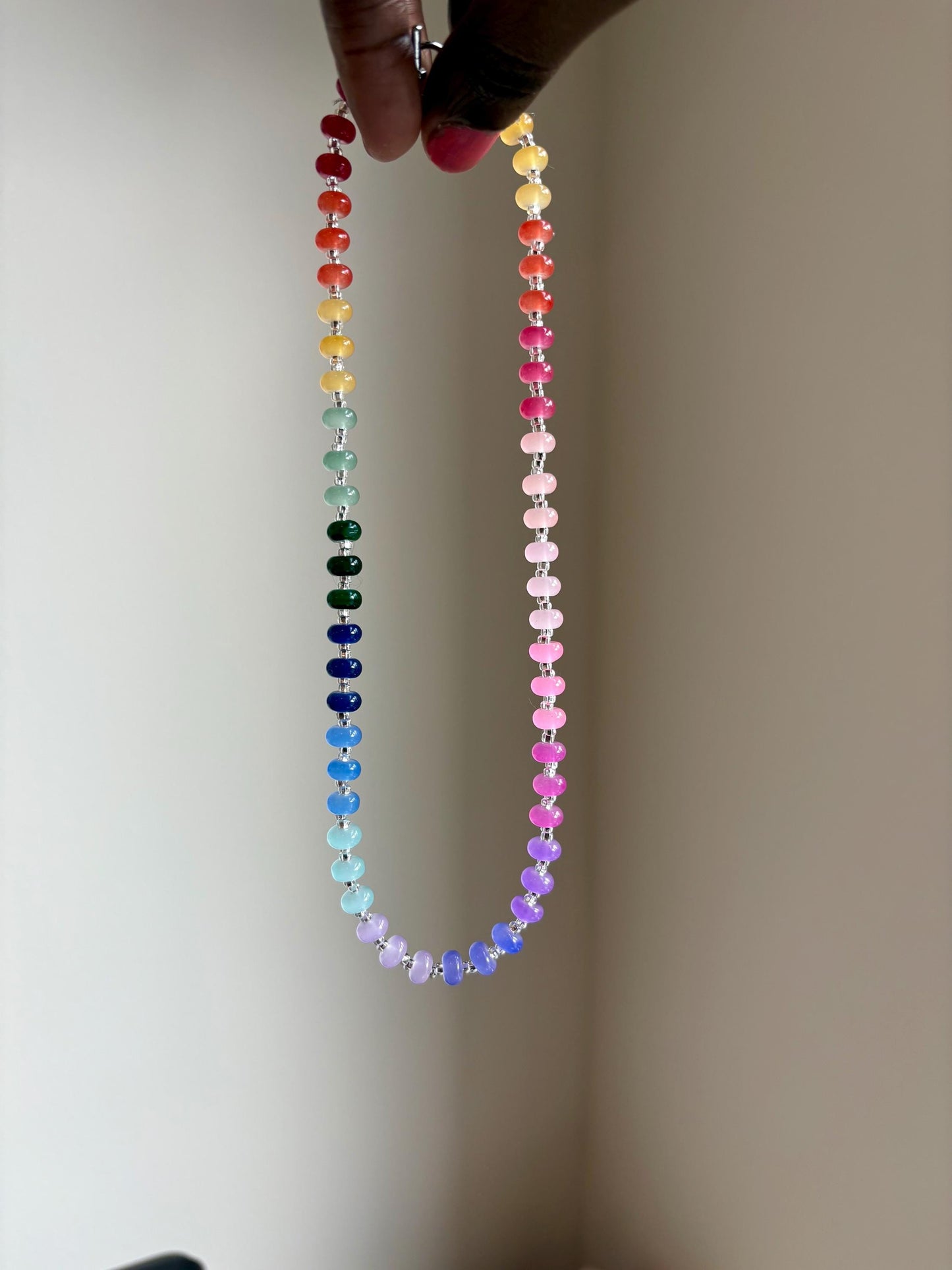 Collar de cuentas Rondelle | Cuentas Rondelle arcoíris | Joyería de moda con cuentas de semillas Miyuki de 18,5" y regalos llamativos para ella