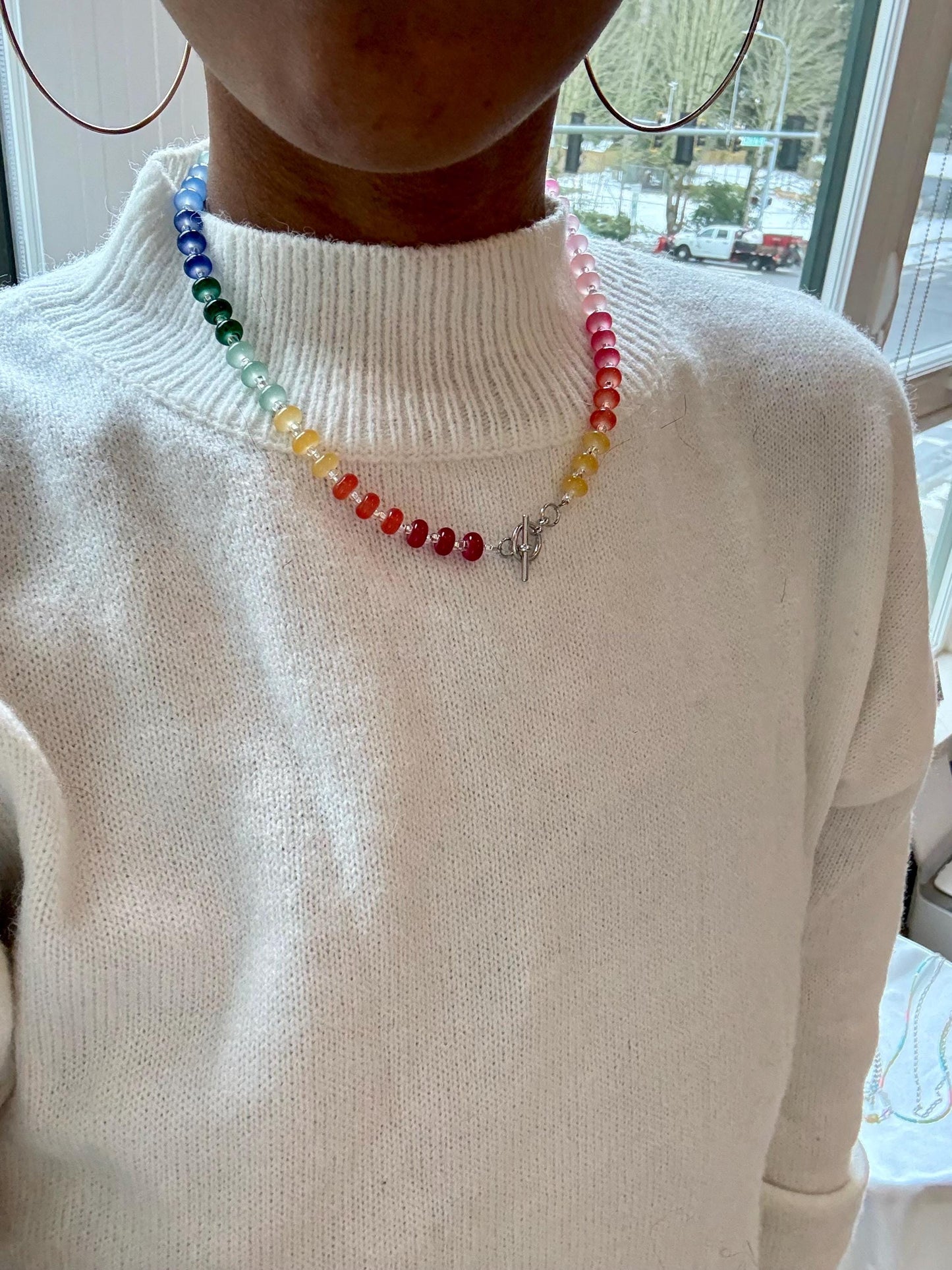 Collar de cuentas Rondelle | Cuentas Rondelle arcoíris | Joyería de moda con cuentas de semillas Miyuki de 18,5" y regalos llamativos para ella