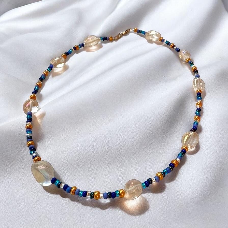 Collar de cuentas de cuarzo, 16 pulgadas, hecho a mano, joyería moderna y llamativa, cierre de langosta, regalos únicos