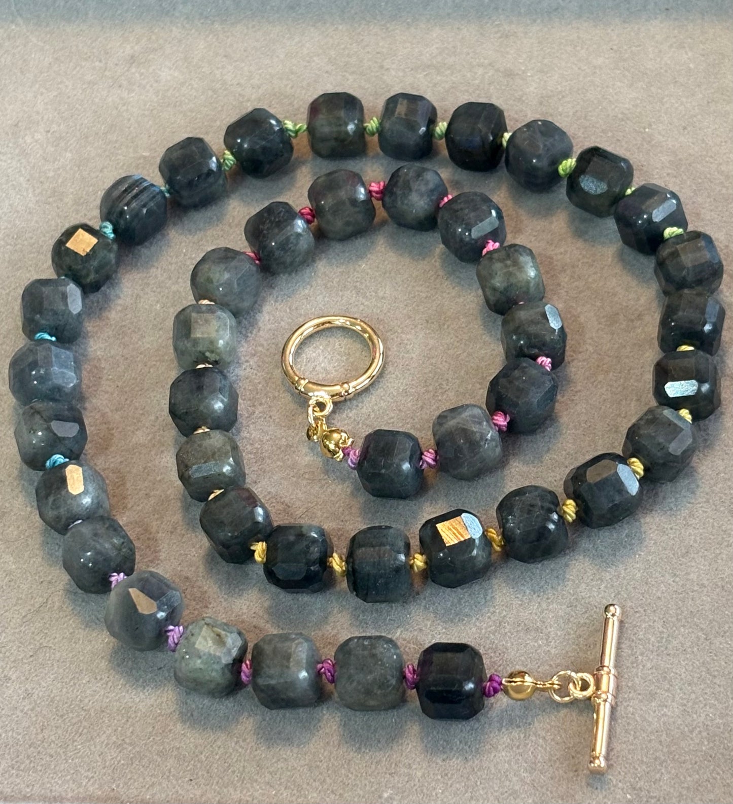 "Twilight Prism" Labradorite Silk Knot Necklace Gold Fill Toggle Clasp