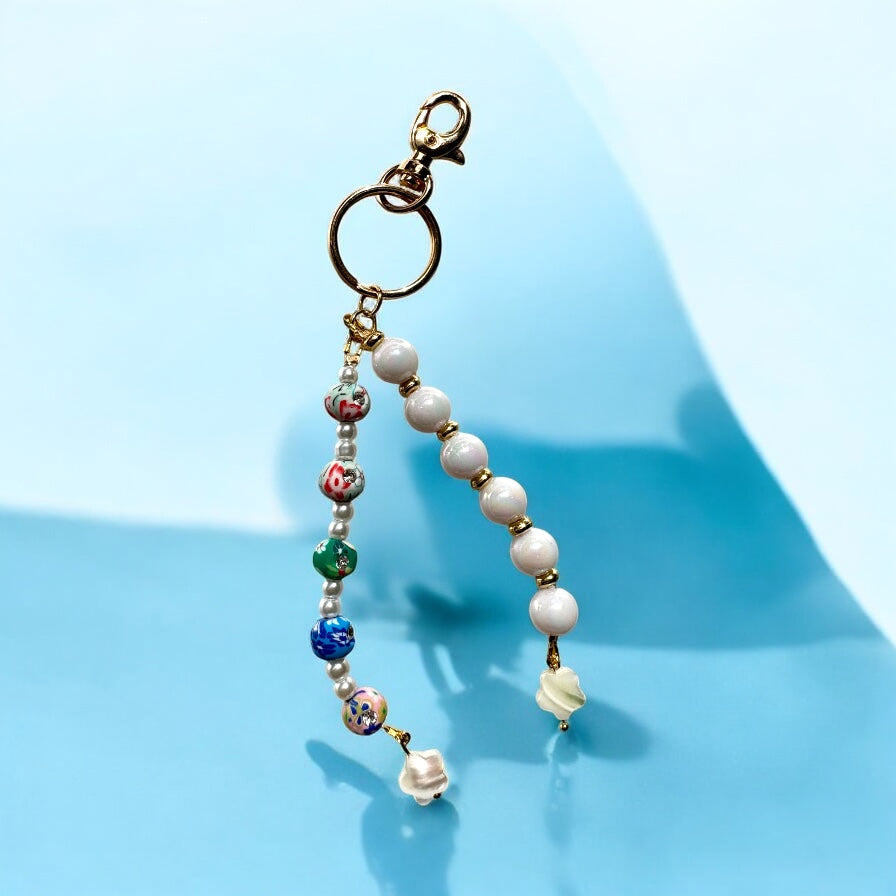 Bag Charm – Floral Beaded Keychain with Faux Pearls, Polymer Clay Flowers & Gold Accents