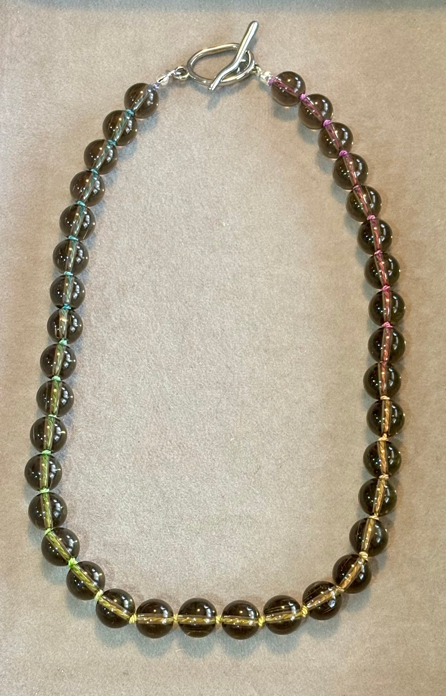 "Ash & Aura" Smoky Quartz Silk Knot Necklace, Stainless Steel Toggle Clasp