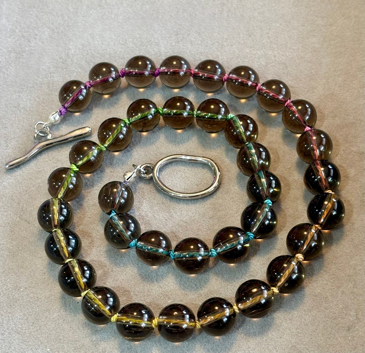 "Ash & Aura" Smoky Quartz Silk Knot Necklace, Stainless Steel Toggle Clasp