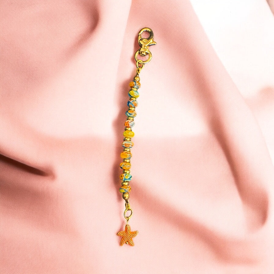Bag Charm – Floral Glass Bead Keychain with Starfish Charm & Gold Lobster Clasp