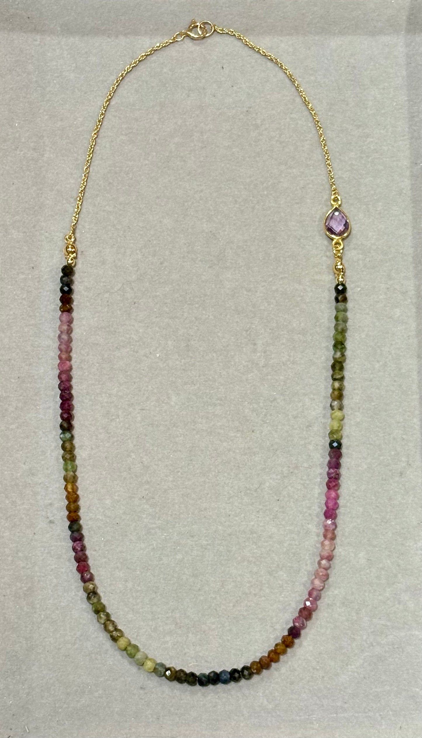 "Berry Dusk" Tourmaline Necklace with Amethyst Connector Charm on 14K Gold Filled Chain