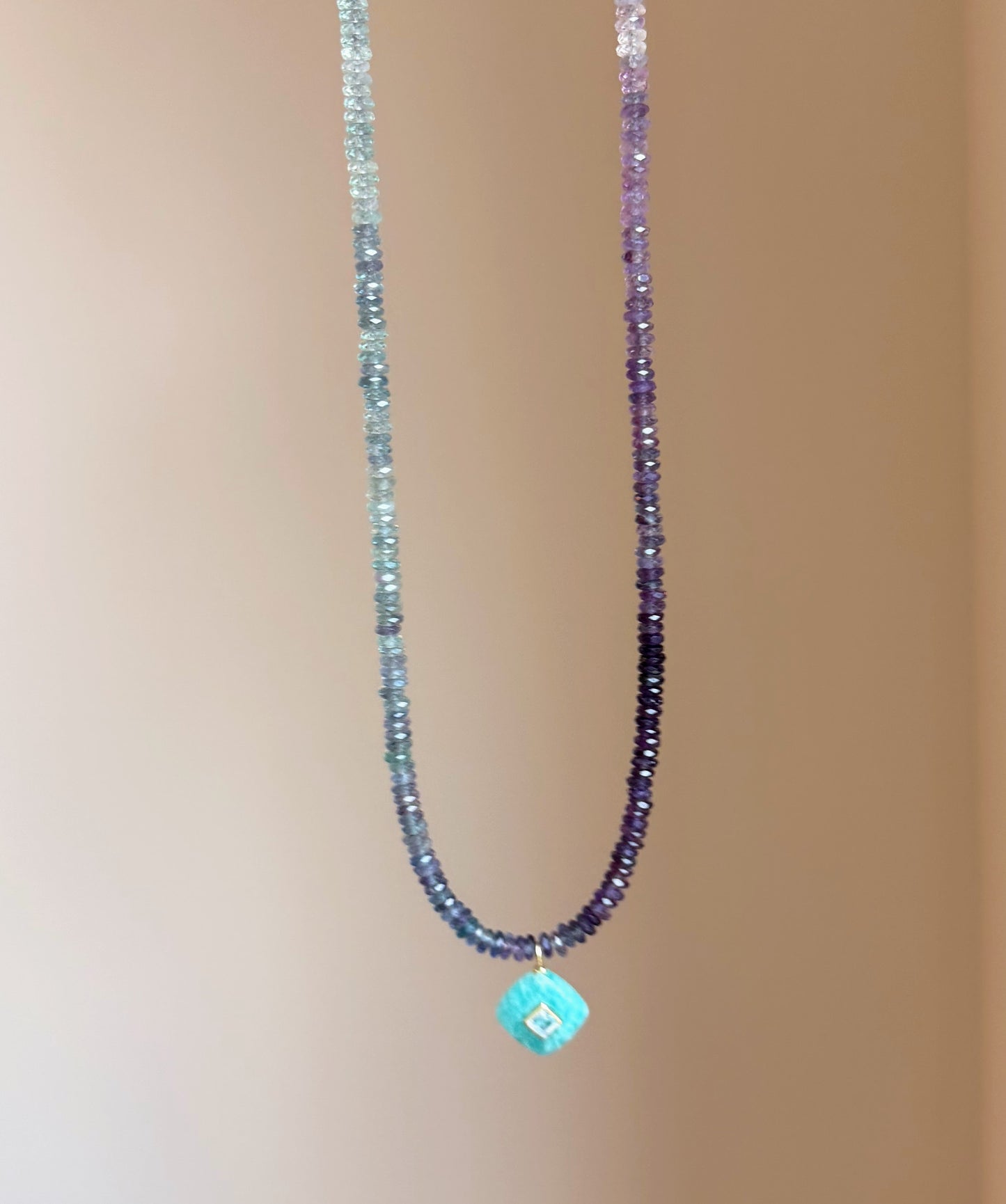 Violet Ganache Fluorite Necklace | Amazonite & Blue Topaz Diamond Charm | PVD Gold Clasp | 17"