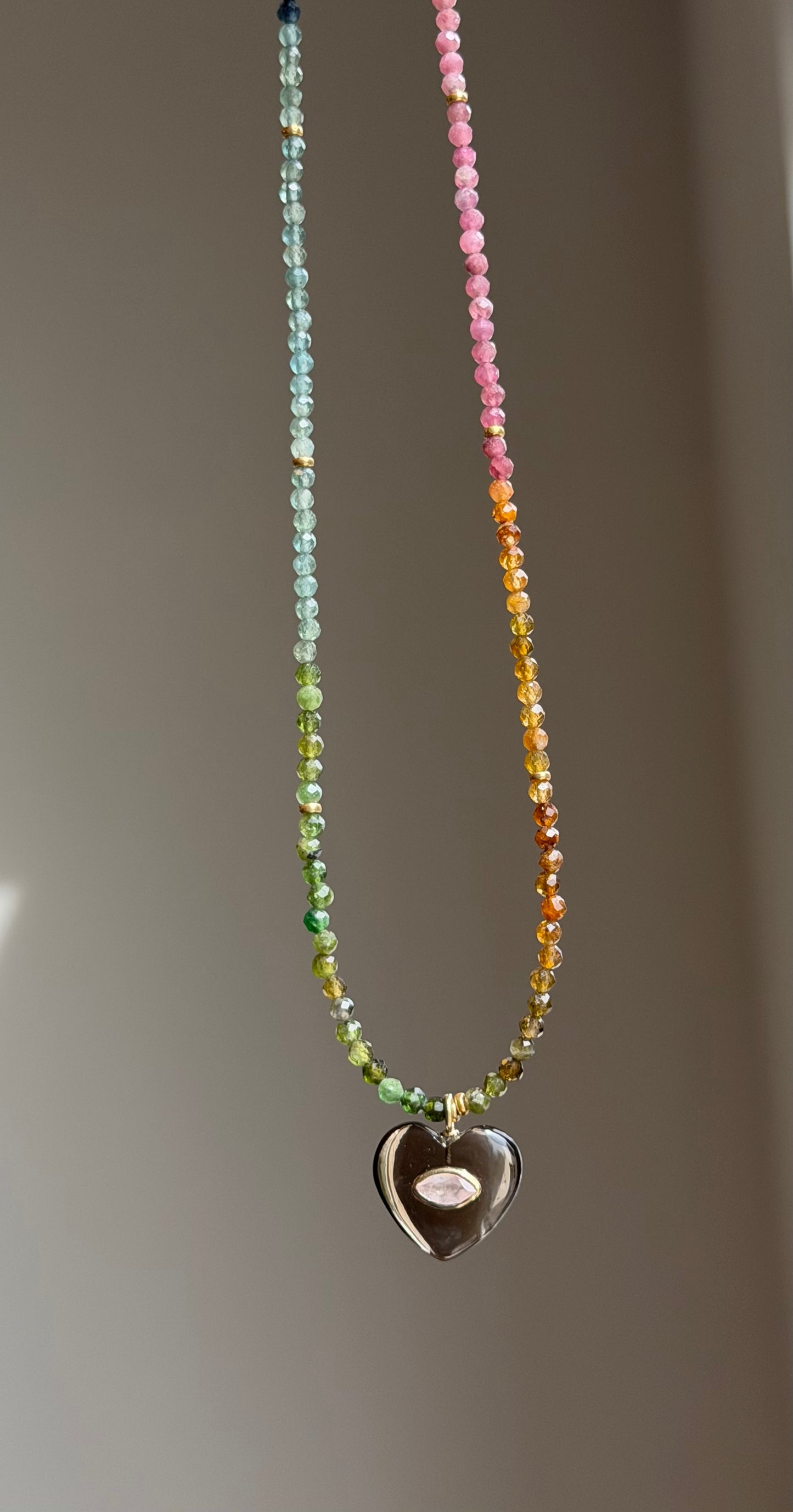 Tourmaline Twinkle Necklace with Smoky Quartz Heart Pendant | Gemstone Necklace (17")