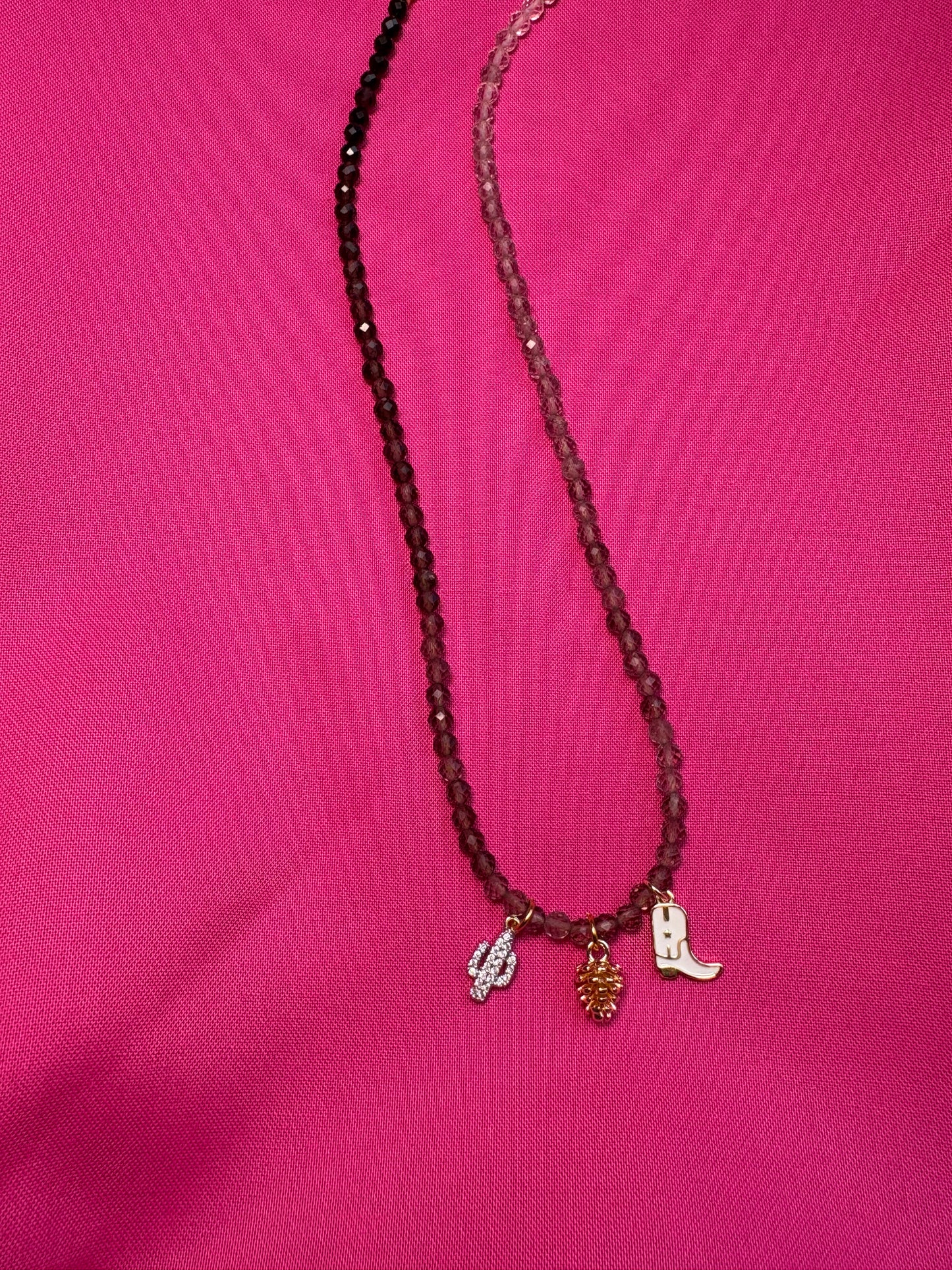 Smoky Quartz Ombré Necklace with Pinecone, Boot & Cactus Charms – 16.5” + Optional 2” Waterproof PVD Extender