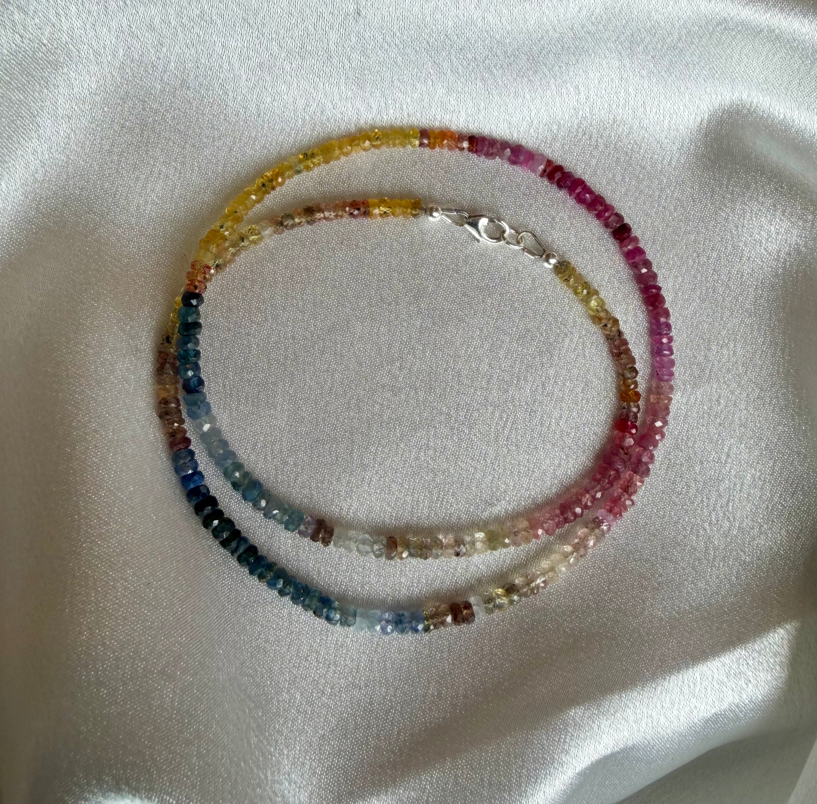 Multi Sapphire Twinkle Necklace | Colorful Gemstone Beaded Necklace, Sterling Silver Clasp (18")