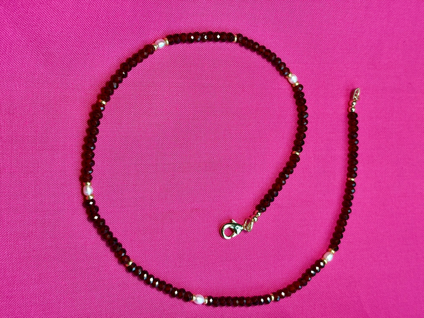 Hessonite Gemstone Necklace with Freshwater Pearl Accents – 16” + Optional 2” Waterproof PVD Extender