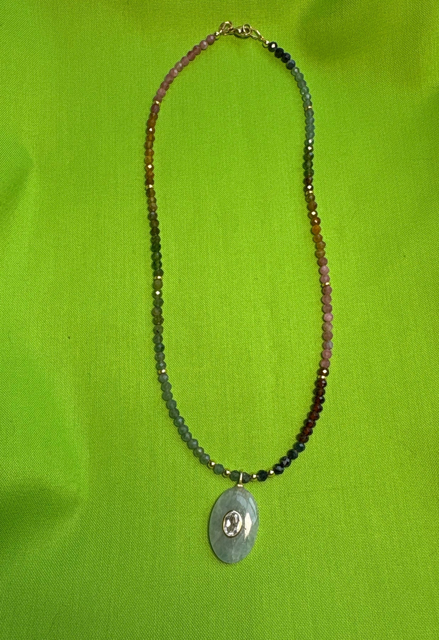 Tourmaline Gemstone Necklace with Aquamarine + White Topaz Charm – 14k Gold Filled, 16” (Optional 2” Extender)